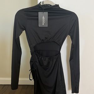 Black slinky cut out ruched side slit dress